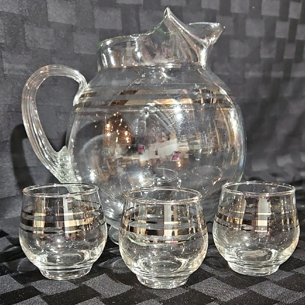 VTG MCM Clear Glass Ball Pitcher & 5 Roly Poly Tumbler Set Silver Stripe Banding